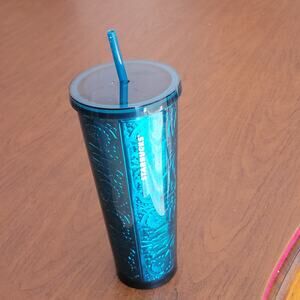 Starbucks 2017 Cold Cup 24oz Tumbler Embossed Tin Floral Metallic Foil Teal Blue